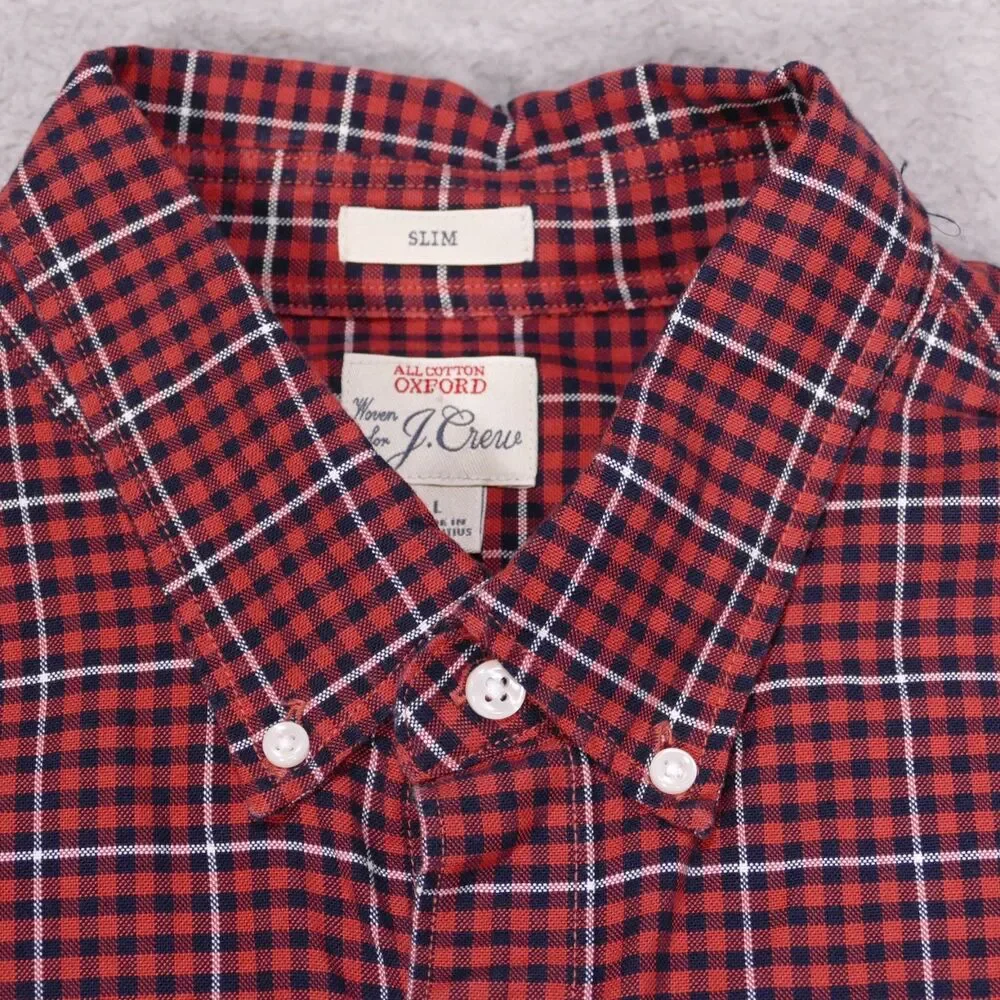 J Crew Oxford Shirt Mens Large SLIM Fit Orange Blue Plaid Button Up Long Sleeve